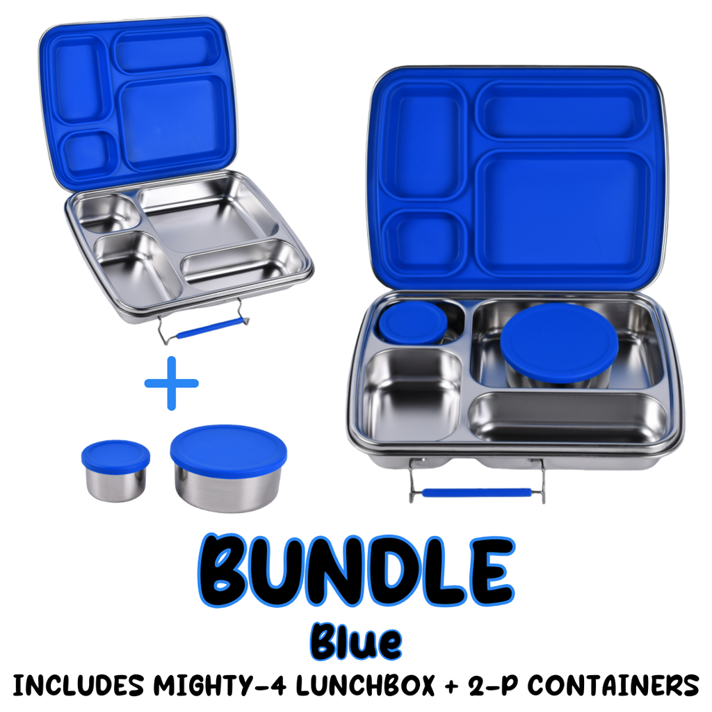 Blue Stainless Steel Bento Lunchbox Bundle – 4 Compartment + Mini Containers (Plastic-Free)