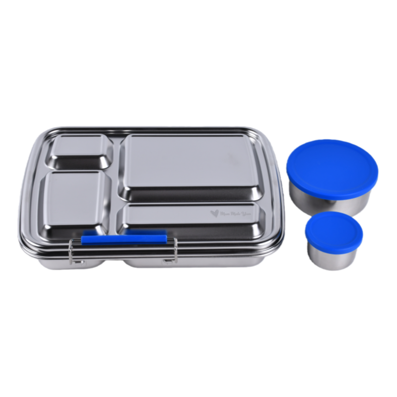Blue Stainless Steel Bento Lunchbox Bundle – 4 Compartment + Mini Containers (Plastic-Free)