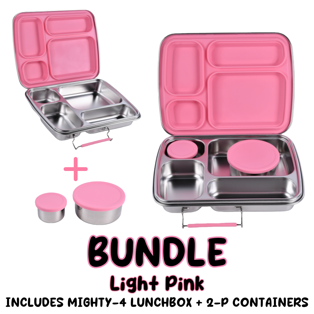 Light Pink Stainless Steel Bento Lunchbox Bundle – 4 Compartment + Mini Containers (Plastic-Free)