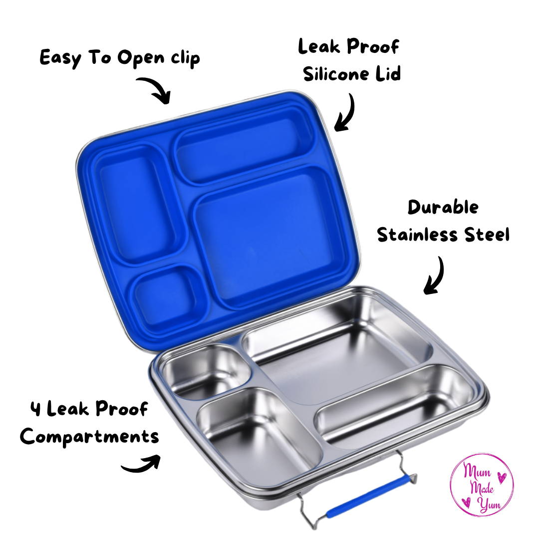 Blue Stainless Steel Bento Lunchbox Bundle – 4 Compartment + Mini Containers (Plastic-Free)